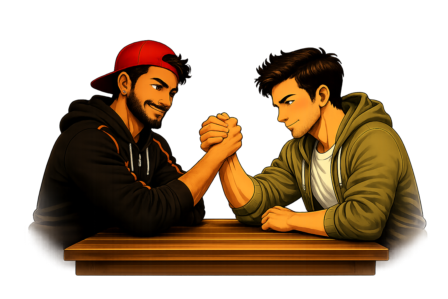 Two friends in a good-natured arm-wrestle — illustrating the match concept